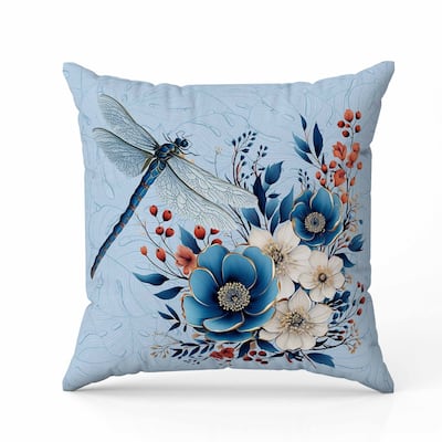 Dragonfly Haven Faux Suede Reversible Throw Pillow Blue and Cream