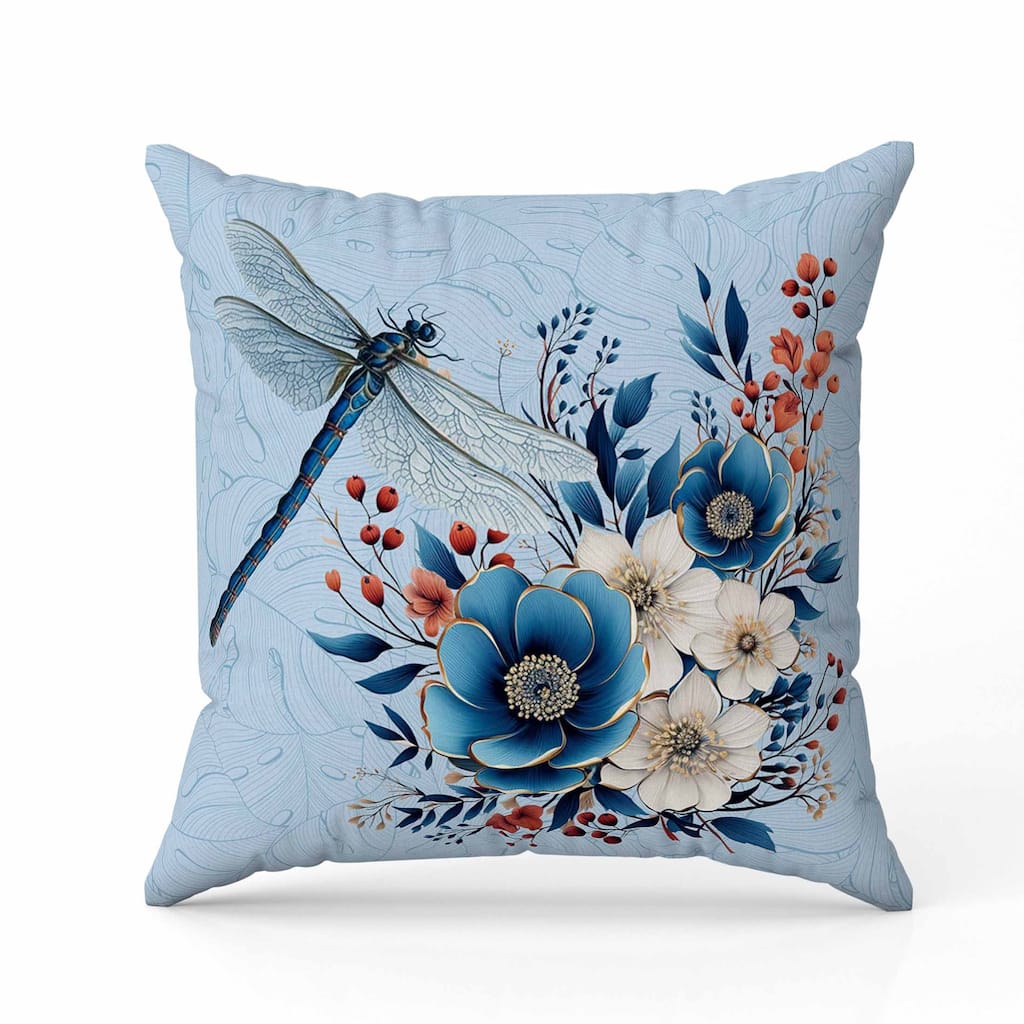 Dragonfly Haven Indoor/Outdoor Reversible Throw Pillow Blue and Cream