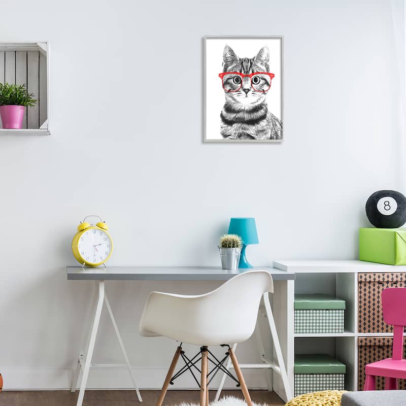 Stupell Black White Monochrome Cat Red Glasses Design Framed Wall Art