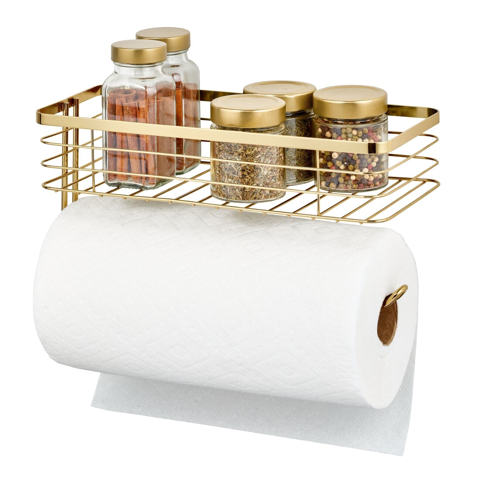 mDesign Metal Wall Mount Paper Towel Holder Spice Rack Shelf