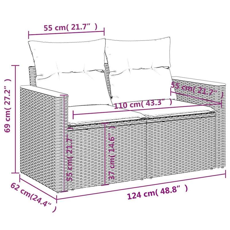 vidaXL 11 Piece Patio Sofa Set with Cushions Grey Poly Rattan (US only) - 113.8x33.5x113.8