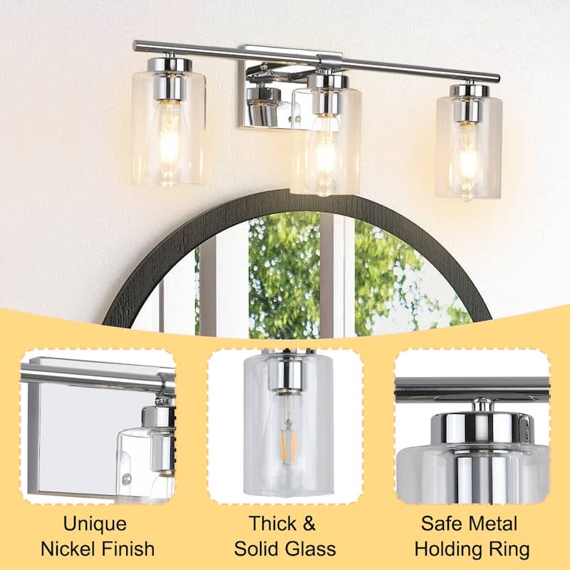 3-Light Wall Lights, Cylinder Bathroom Vanity Lights Glass Hallway Wall Sconces for Dining Room Living Room - W22.83"x H8.46"