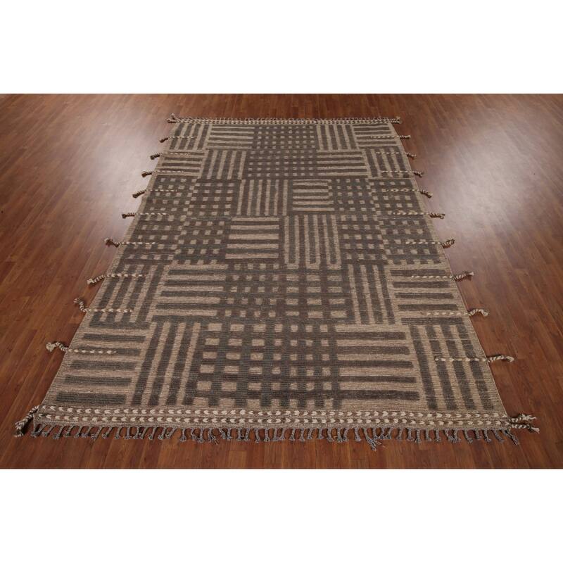 Brown Moroccan Modern Area Rug Hand-Knotted Wool Carpet - 7'9"x 10'8"