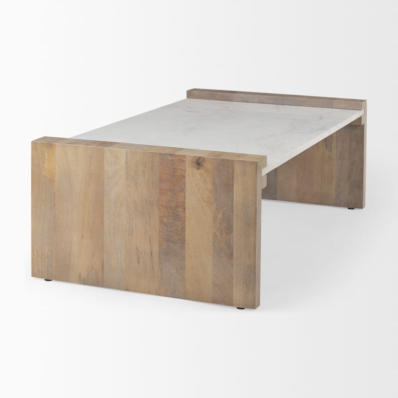 HomeRoots 48" Natural and White Solid Wood And Genuine Marble Coffee Table - 48' X '16' X '28