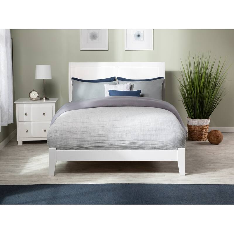Low Profile Platform Bed with USB - White Hardwood Bed Frame - Modern Minimalist Design