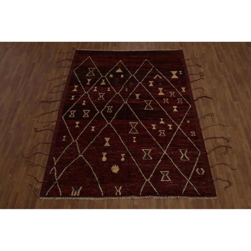 Hand Knotted Oriental 100% Wool Carpet Modern Tribal Red Moroccan Area Rug - 9' 9'' X 7' 0''