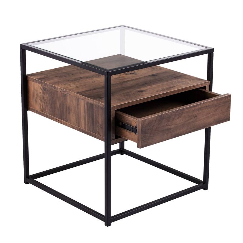 22" Black Glass And Iron Square End Table With Drawer With Shelf - 20x20x22
