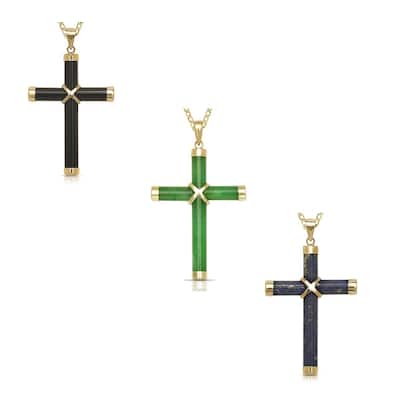 Curata 14k Yellow Gold 18" Green Jade, Onyx or Lapis Cross Pendant Necklace (20mm x 35mm)