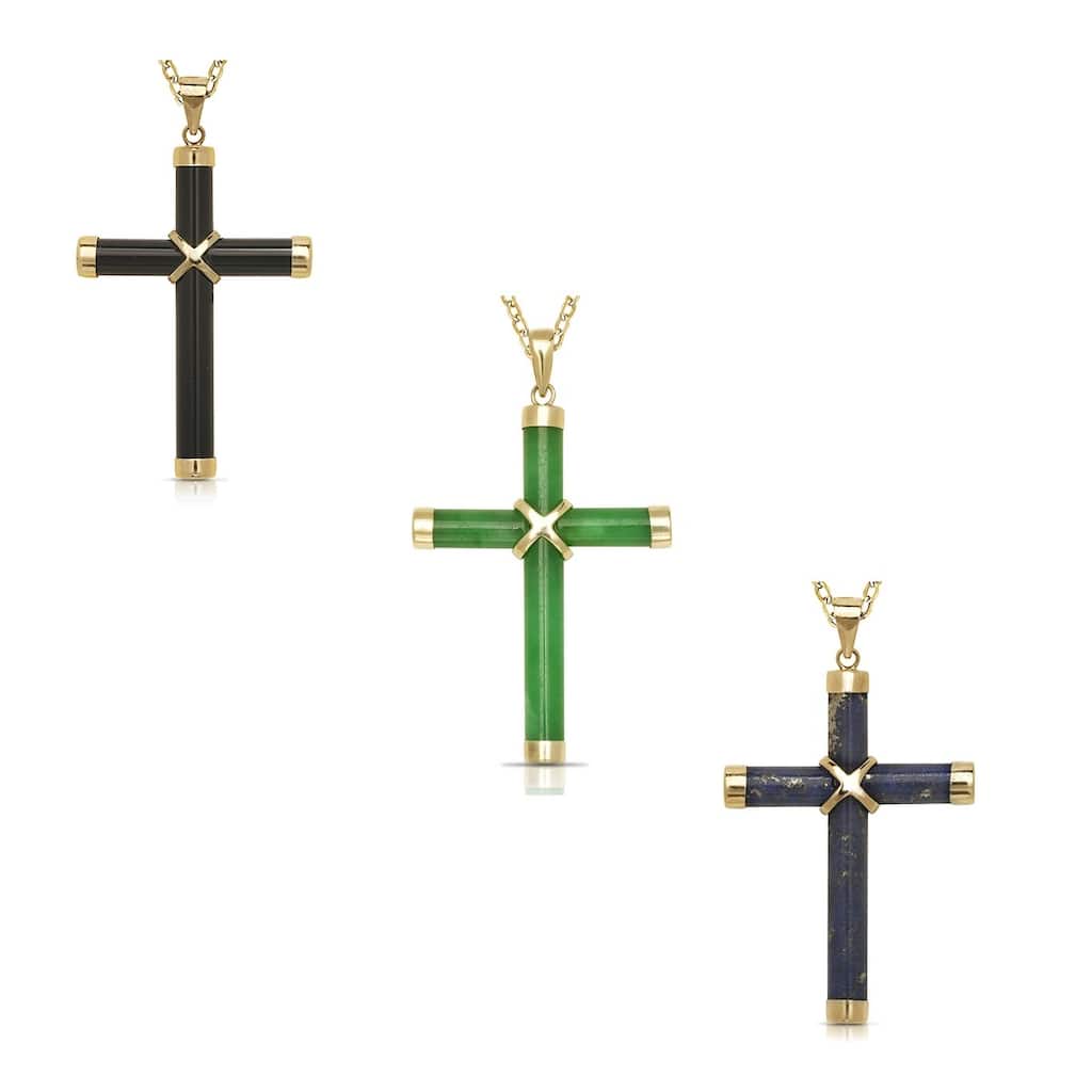 Curata 14k Yellow Gold 18" Green Jade, Onyx or Lapis Cross Pendant Necklace (20mm x 35mm)