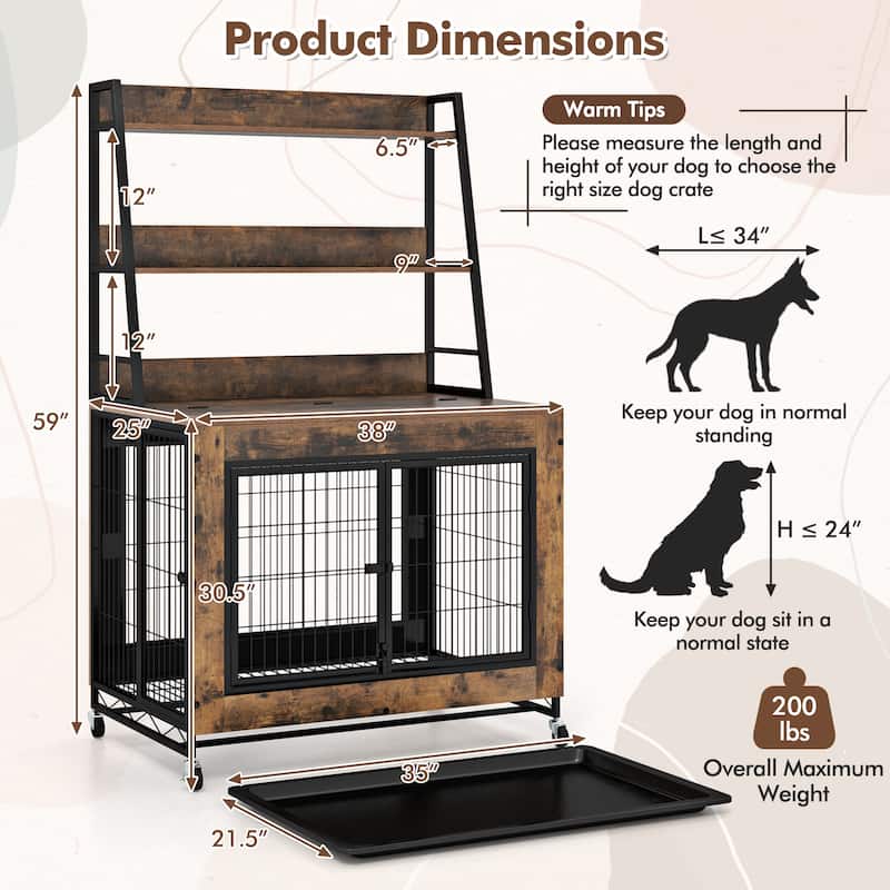 Wooden Dog Crate with Storage Shelves, Tray and Lockable Wheels - 59" x 38" x 25" (L x W x H)