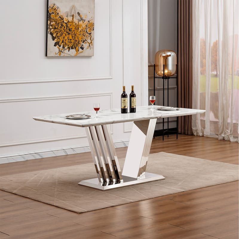 70'' Rectangle Faux Marble Dining Table with Mirrored Finish Stainless Steel Base - Silver+White