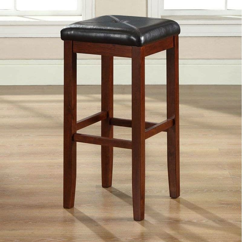 Set of 2 Vintage Mahogany Stools with Black Upholstered Seat - 15 x 15 x 29 inches