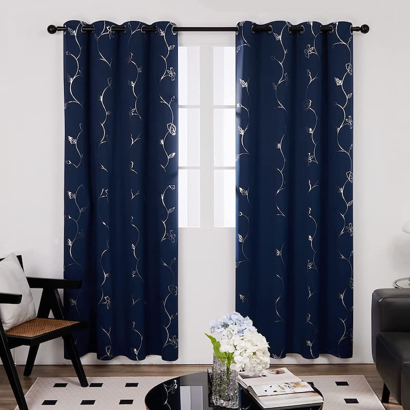 Deconovo Blackout Silver Little Flowers Curtains(2 Panel) - 52x54 Inch - Navy Blue