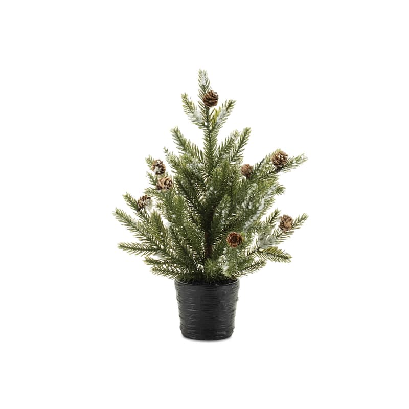HomeRoots Set of Two 15" Green Mini Artificial Pine Trees With Pinecones In Round Black Metal Pots