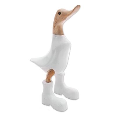 NOVICA Rain Boot Duck in White, Wood and bamboo root sculpture - 9.75" H x 3.5" W