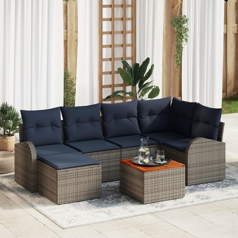 vidaXL 7 Garden Sofa Set with Cushions Black/Grey Poly Rattan - 92.1 x 48.8 x 27.2 - Grey