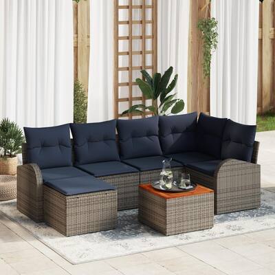 vidaXL 7 Garden Sofa Set with Cushions Black/Grey Poly Rattan - 92.1 x 48.8 x 27.2
