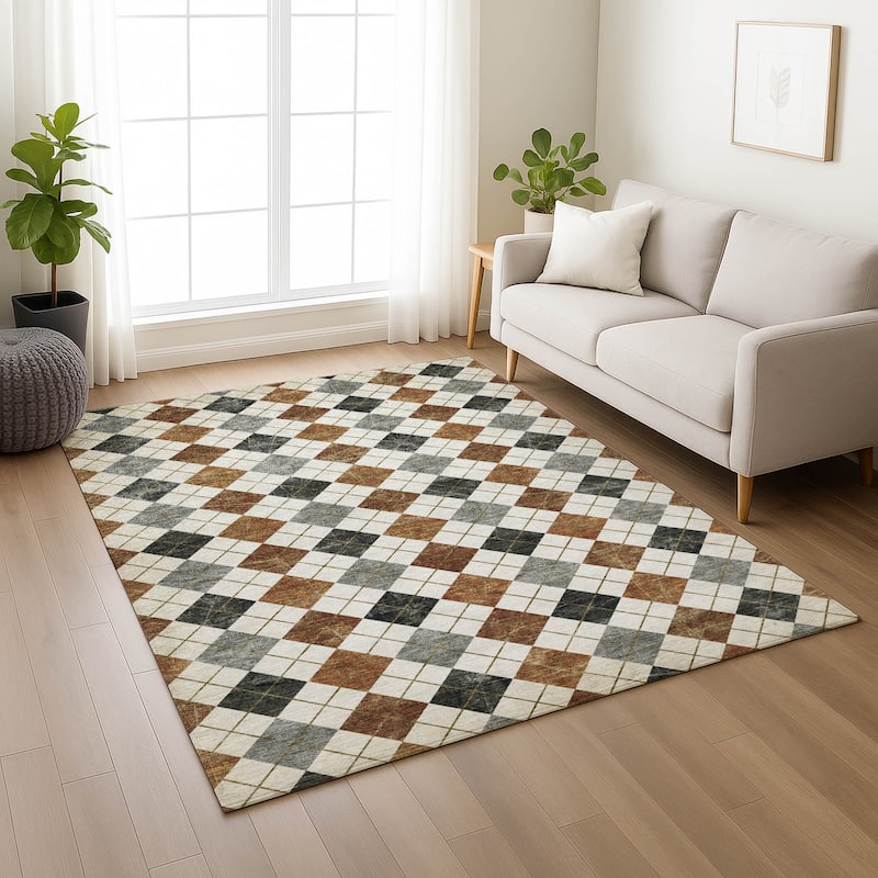 Machine Washable Indoor/ Outdoor Modern Argyle Chantille Rug