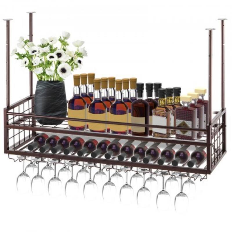 Brown Height Adjustable Ceiling Hanging Wine Glass Rack with 5 Gears Perfect for Glasses or Bottle - 46.9 x 11.8 x 45.7 inch - Brown