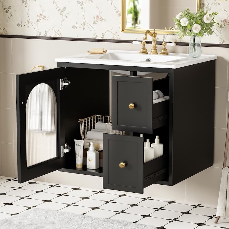 24" Wall Mounted Bathroom Vanity with Ceramic Sink, Floating Bathroom Storage Cabinet with Drawers & Glass Door