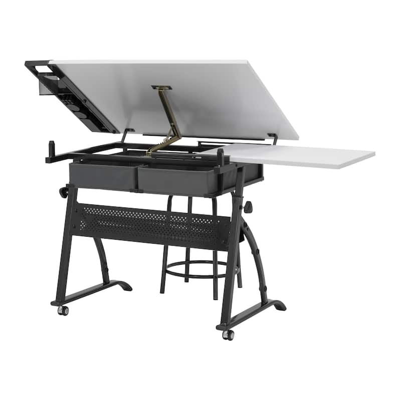 Core Craft Center, 2 piece Drawing, Drafting and Craft Table with Stool, Gunmetal-Gray/White
