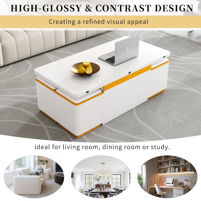 Lift-Top Coffee Table with 4 Storage Stools, Center Table with Foldable Top, Multi-Functional Adjustable Coffee Table
