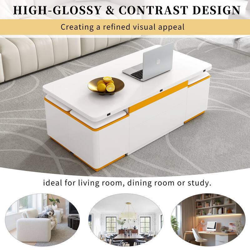 Lift-Top Coffee Table with 4 Storage Stools, Space Saving Center Table w/ Foldable Top, Multi-Functional Adjustable Coffee Table