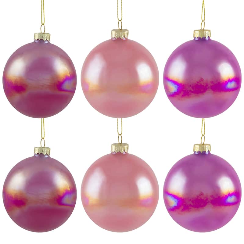 Shiny Glass Ball Christmas Ornaments - 3" (80mm) - Pink, Purple and Peach - 6ct