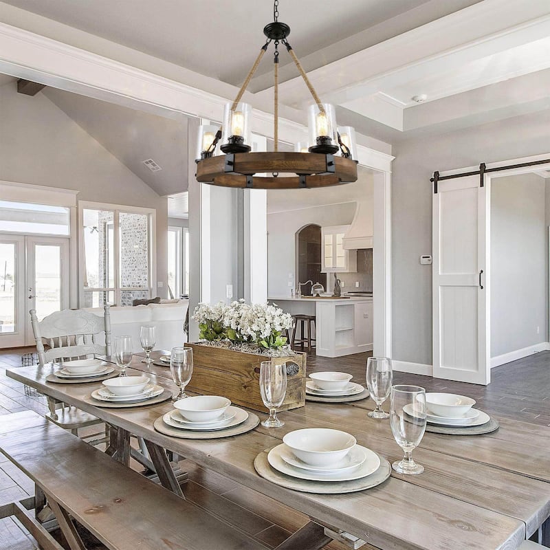 Farmhouse 6-Light Wagon Wheel Wood Chandelier for Dining Room - D25"x H 28"