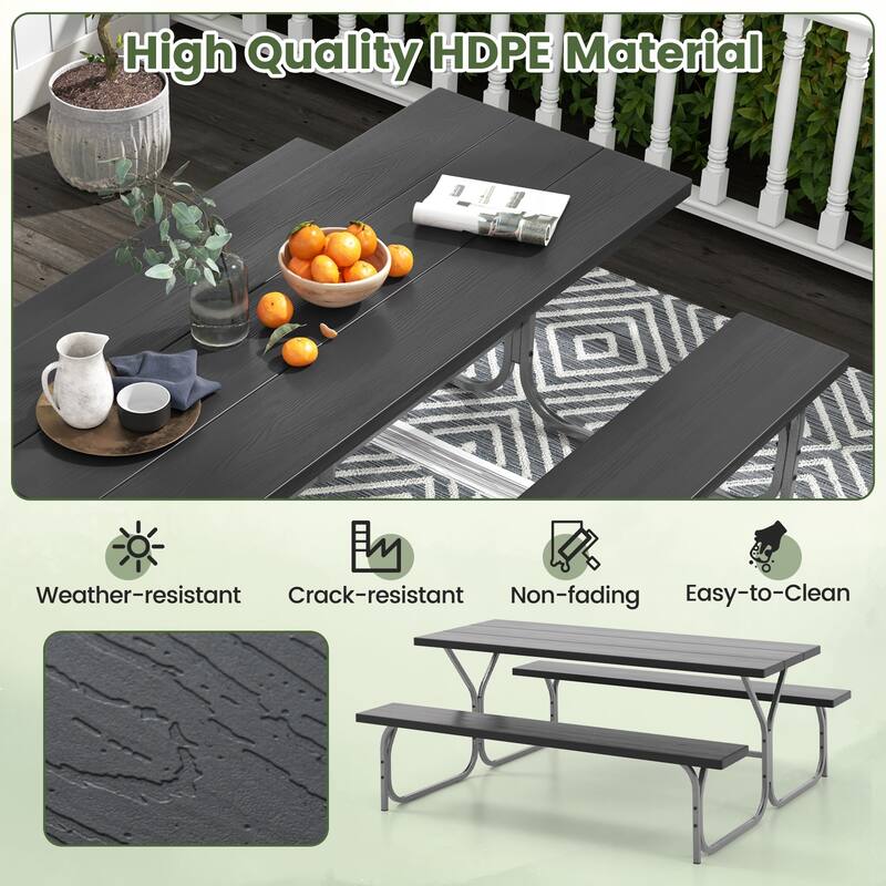 72 Inch 8-Person Outdoor Picnic Table and Bench Set with HDPE Wood-Texture Top and with Built-in Umbrella Hole