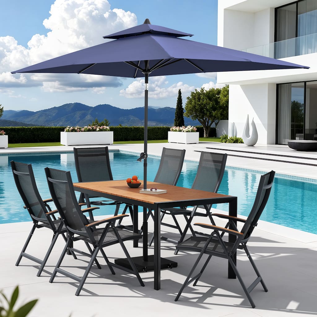 9-Piece Outdoor Patio Dining Set Wood Like Aluminum Umbrella Hole Table with Folding Chairs, Market Umbrella and Wheel Base