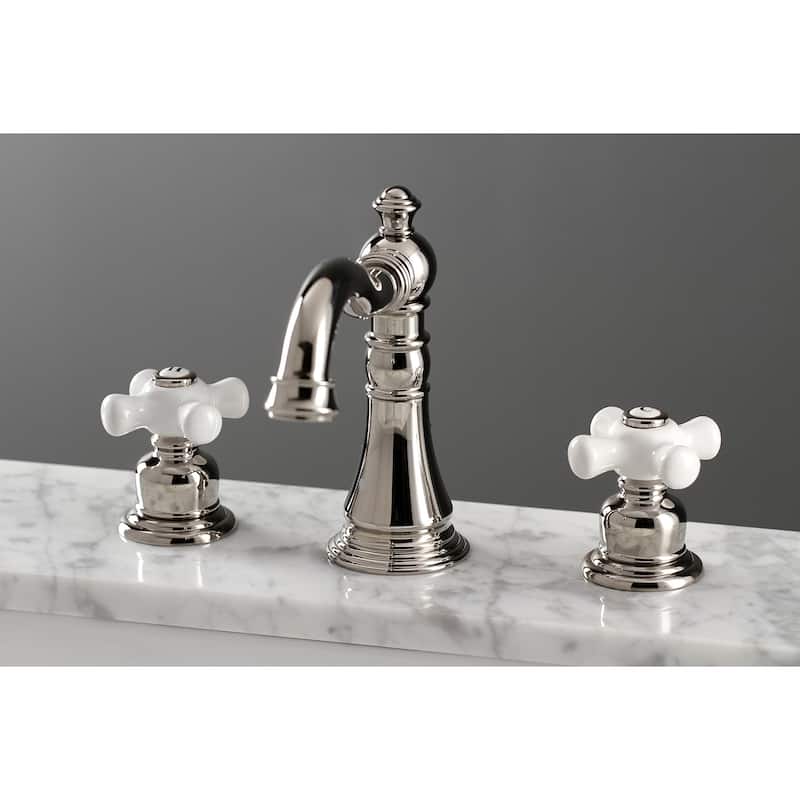 Kingston Brass American Classic Two-Handle 3-Hole Deck Mount Widespread Bathroom Faucet with Pop-Up Drain