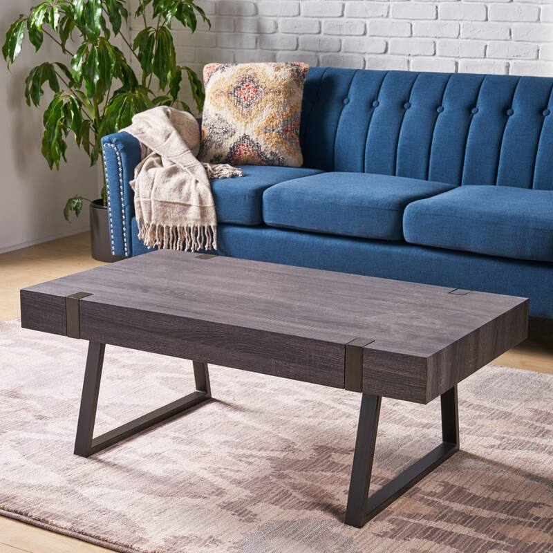 Roomfitters Industrial Coffee Table, Modern Wood Living Room Center Cocktail Table with Metal Sled Legs and Accents, Black