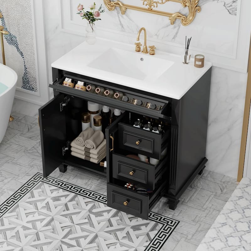 36" Bathroom Vanity with Sink, Cabinet, Flip-Out Drawer, 3 Drawers & 2 Soft-Close Doors