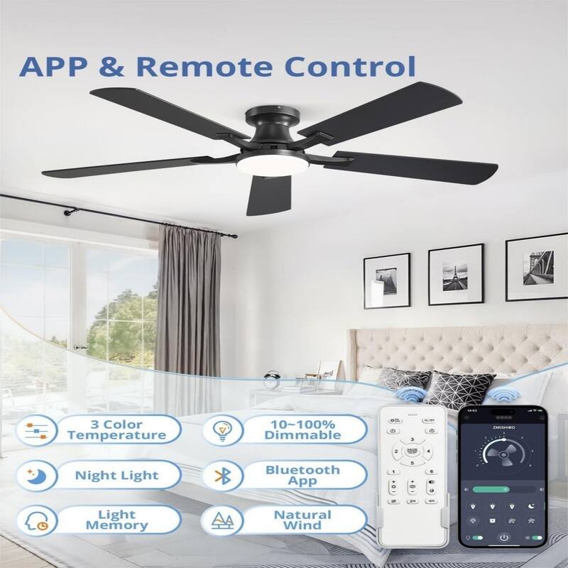 20W Dimmable LED Ceiling Fan with Light, App & Remote Control, Flush Mount Low Profile, Quiet Reversible Motor for Bedroom