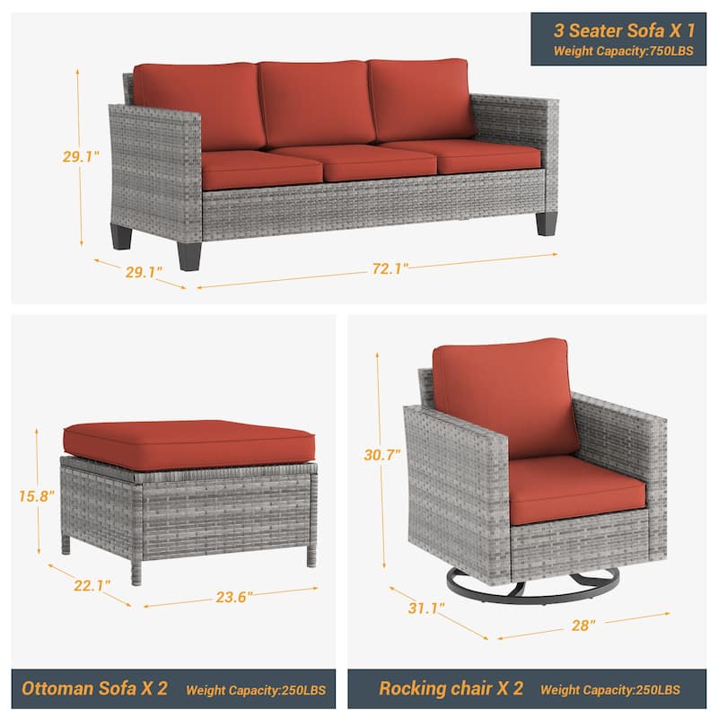 LIVOOSUN 5Pcs Patio Gray Rattan Outdoor Furniture Swivel Rocking Sofa Set