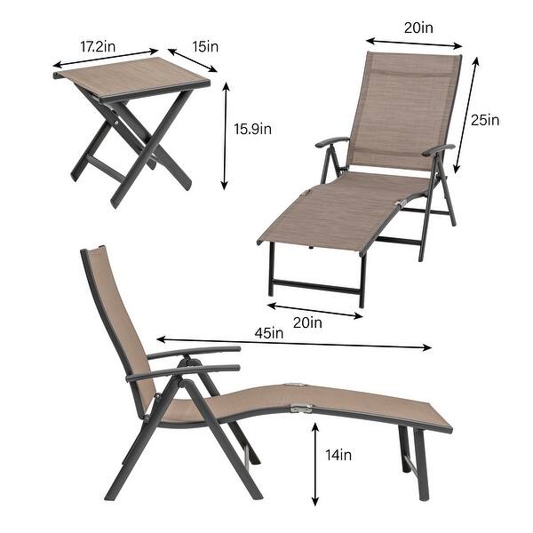 dimension image slide 6 of 7, Outdoor Aluminum Folding Adjustable Chaise Lounge Chair and Table Set