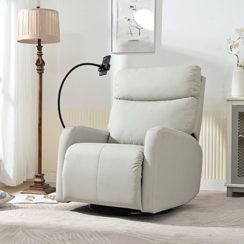 Grey 360° Swivel Rocking Recliner Chair with Adjustable Footrest, Padded Comfort, and Phone Holder