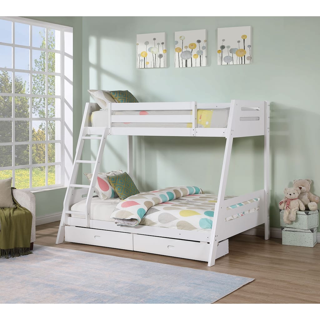 White Twin Over Full Bunk Bed with Reversible Ladder and Underbed Drawers