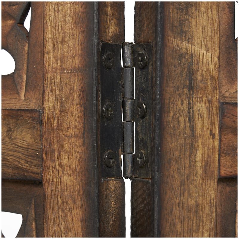 Wooden Floral Handmade Hinged Foldable 4 Panel Room Divider Screen with Intricately Carved Designs - Brown - Roche River Decor