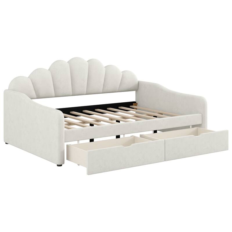 Full Size Shell-Shaped Backrest Upholstered Daybed with Optional Trundle or Drawers