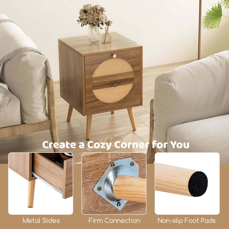Costway 2Pcs Rattan Nightstand with 2 Drawers Solid Wood Legs Compact - See Details