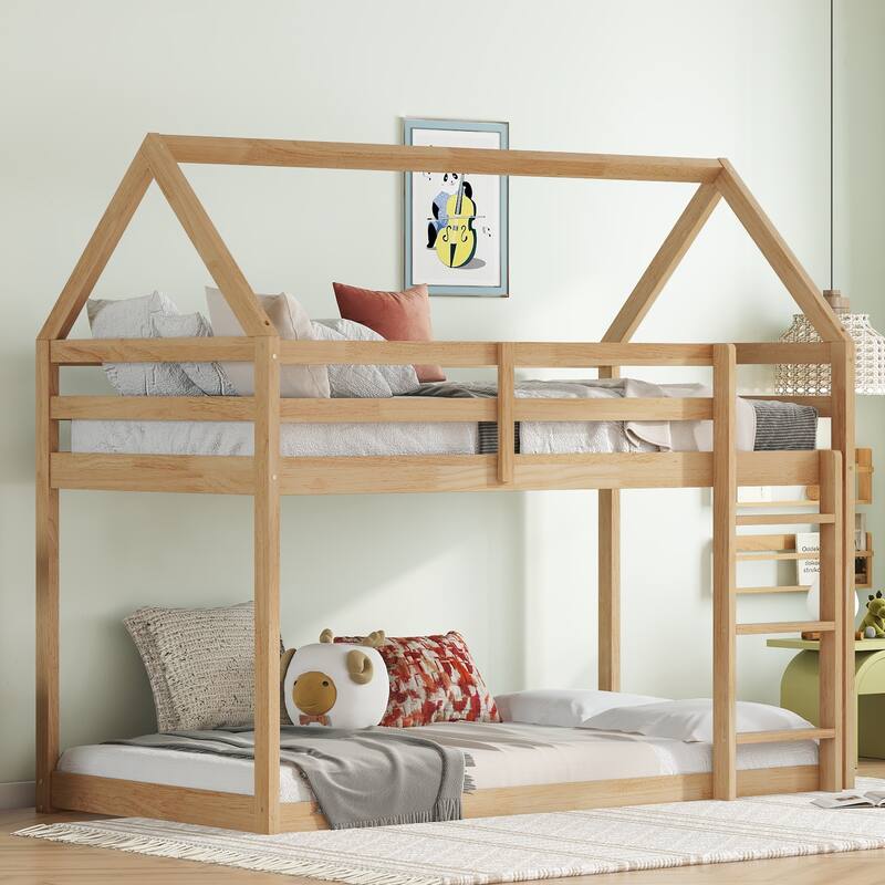 House-shaped Bed Frame, Twin Over Twin Low Bunk Bed with House Roof, No Slats Floor Bed, Ladder and Guardrails, Floor Bunk Bed