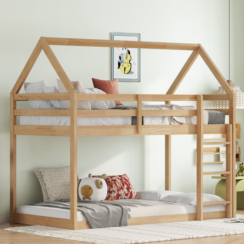 Natural Wood House-Shaped Twin over Twin Bunk Bed with Ladder and Guardrails