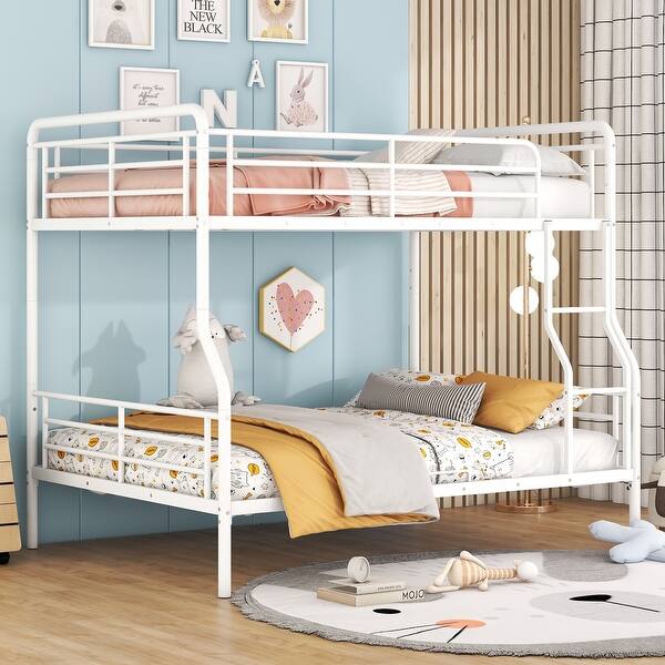 slide 2 of 11, Contemporary & Simple Full XL over Queen Metal Bunk Bed with Full-length Guardrails, Save Space or Split Into 2 Beds, White White