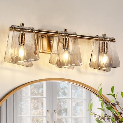 Modern Gold 3-Light Bathroom Vanity Light Textured Glass Wall Sconce - 23.6" W x 8" H x 5.9" D