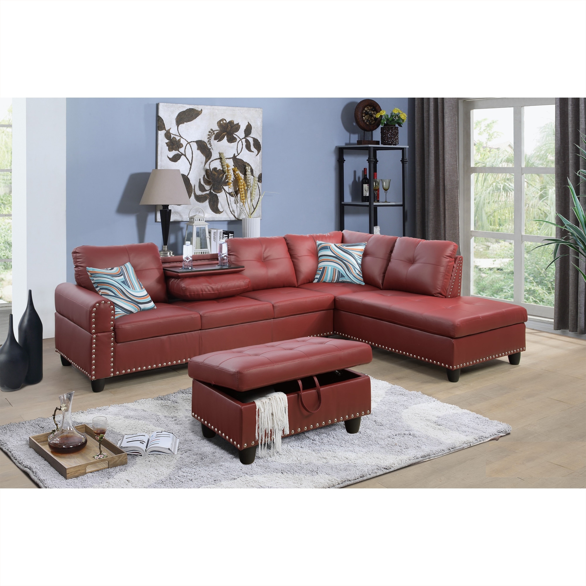 Right Hand  Sectional Sofa Set Build-in Drop Down Coffee Table,Ottoman,2 Pillows 
