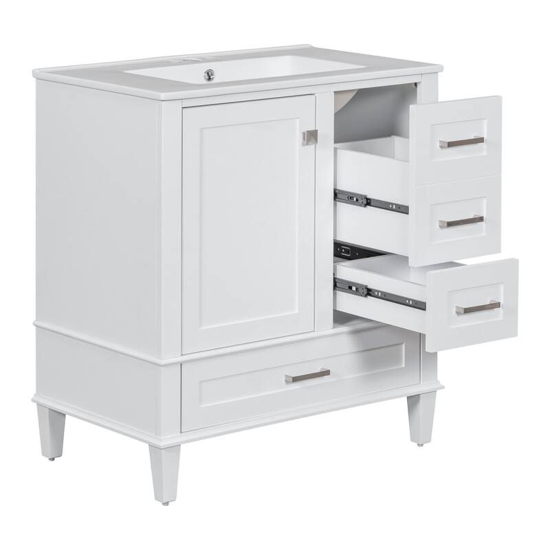 Anmytek 30 Inch White Modern Bathroom Vanity Sink Combo Solid Wood Frame Soft Close Door 3 Drawers Storage Cabinet