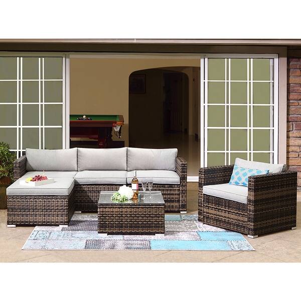 COSIEST Outdoor 6Piece Wicker Sectional Sofa, Armchair with Ottoman