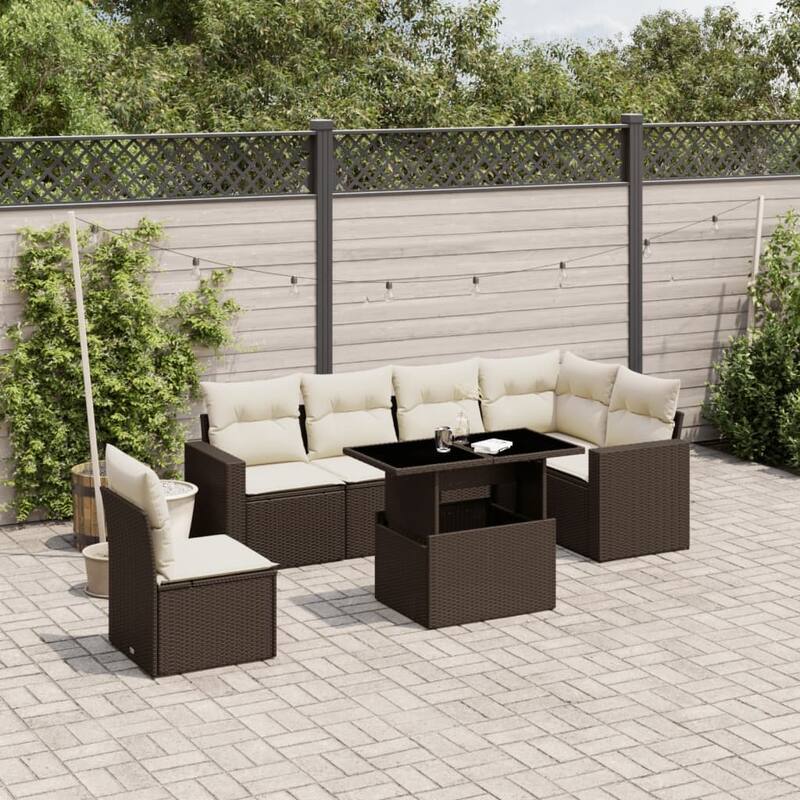 vidaXL Patio Sofa Set with Cushions Outdoor Furniture 7 Piece Poly Rattan - 21.7 x 39.4 x 28.7 - Brown and Cream